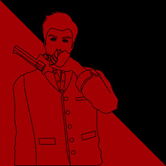black and red line art of old-fashioned man holding a revolver