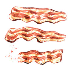 Fried bacon pieces set. Hand drawn watercolor illustration isolated on white background