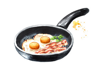 Fried eggs in the pan with bacon pieces and fresh herbs. Hand drawn watercolor illustration isolated on white background