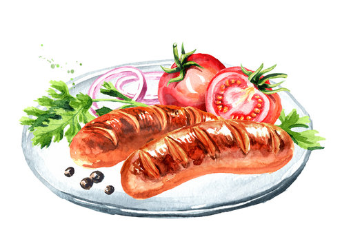 Grilled sausages with salad and tomatoes. Hand drawn watercolor illustration isolated on white background