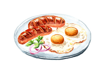 Traditional english breakfast with fried eggs, sausages. Hand drawn watercolor illustration isolated on white background