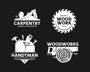 Carpentry woodworks handyman labels set. Vector illustration.