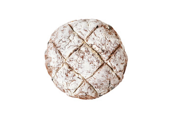 Bread Round Brown Isolated on White Background Copyspace Top View. Appetizing Freshness Cooked Aromatic Diet Whole Rye Food Covered with Flour. Delicious Homemade Bakery Culinary Recipe