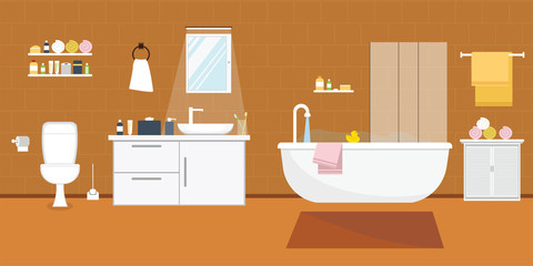 Fototapeta na wymiar Bathroom interior with furniture in flat design style. Vector illustration.