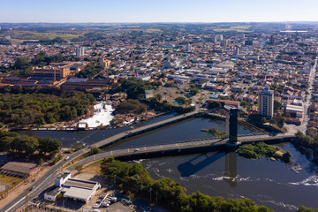 cable-stayed bridge over the Tiete river seen from the top in Salto, Sao Paulo, Brazil