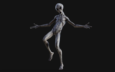 3d Illustration of a gray alien on dark background with clipping path.