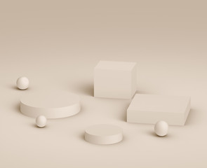 3d brown creamy stage podium modern minimal design in studio background. Abstract 3d geometric shape object illustration render. Display for cosmetic fashion product. Natural color tones.