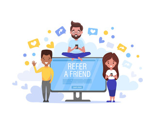 Refer a friend horizontal banner. Group of young men and women attracts customers for money and gifts. Referral program, poster, landing page template, ui, web, mobile app.  Flat vector illustration