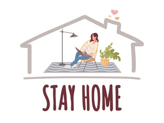Stay home banner template. Woman working at home vector flat illustration. Quarantine, self isolation.