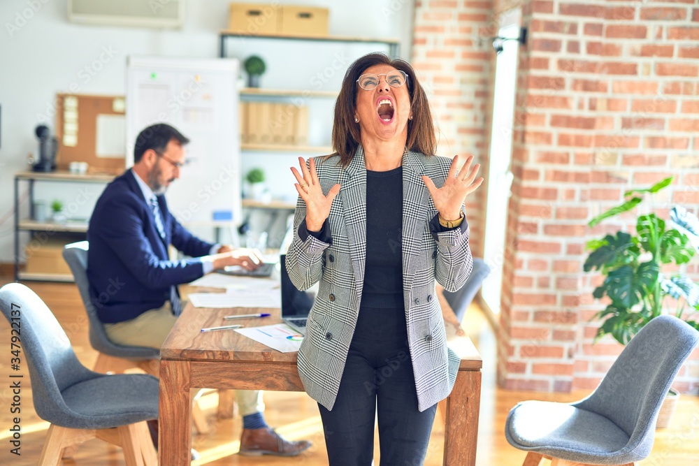 Poster Middle age beautiful businesswoman wearing jacket and glasses standing at the office crazy and mad shouting and yelling with aggressive expression and arms raised. Frustration concept.