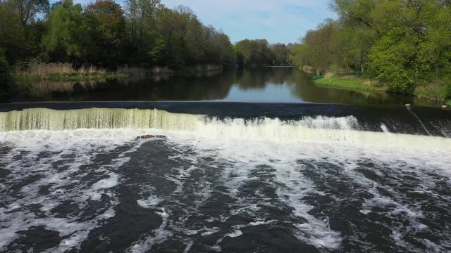 The waterfall in Znamensk, Russia, view from drone