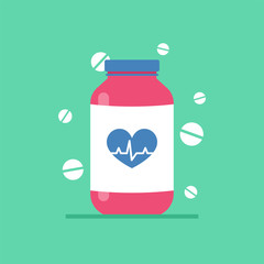Medicine bottle with pills for heart on green background. Healthcare and pharmacy. Vector illustration in flat style. Medical concept