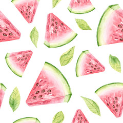 Watermelon and leaves seamless pattern  on a white background. Slice of watermelon watercolor seamless pattern. 