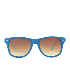 Blue color frames shades isolated white background. Women`s blue sunglasses isolated on white background.
