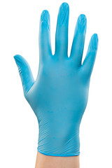 Male doctor hand in blue glove make gesture. Shot in studio. Isolated with clipping path on white background