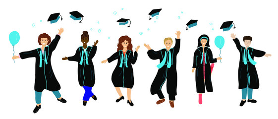Congrats graduates happy flat people. Flying graduate caps, ceremony campus, college celebrate friends: multinational 3 women and 3 men. 6 students. Hand drawn illustration.