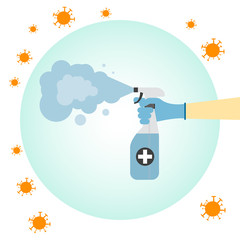 Landing page coronavirus protection. Man in gloves holds bottle of antiseptic spray. Antibacterial flask kills bacteria. Disinfectant concept. Vector flat design. Hygiene home and personal hygiene.