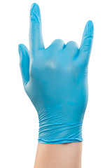 Male doctor hand in blue glove make gesture. Shot in studio. Isolated with clipping path on white background