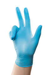Male doctor hand in blue glove make gesture. Shot in studio. Isolated with clipping path on white background