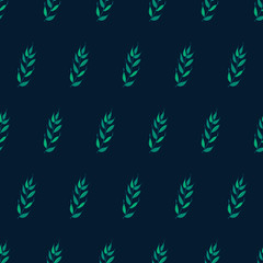 Green branches with leaves arranged evenly on a dark background. Simple layout vector seamless illustration. Endless pattern. Fabric, wrapping paper or template swatch. Cute twigs. 