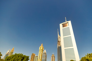UAE, DUBAI, CIRCA 2020: Dubai Financial center district. View of The Jumeirah Emirates Towers in...