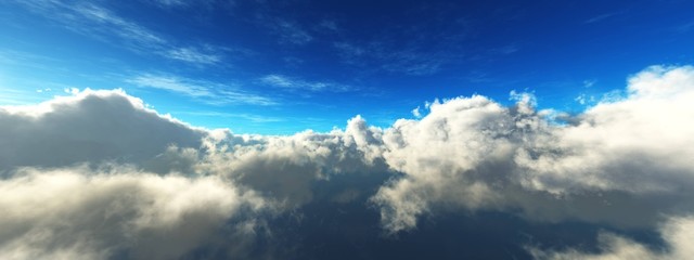 Beautiful clouds, panorama of clouds, flying in clouds, the sun above the clouds, 3D rendering