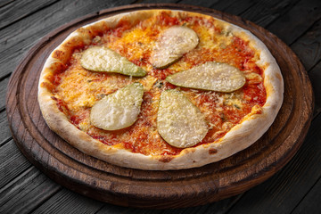 Tasty hot italian pizza with ham, mushrooms and onions. Pizzeria menu. Concept poster for Restaurants or pizzerias