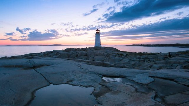 A twilight time-lapse of the Peggy's Cove Lighthouse on the Atlantic Coast, Nova Scotia, Canada. An evening time-lapse of the historical lighthouse during sunset.