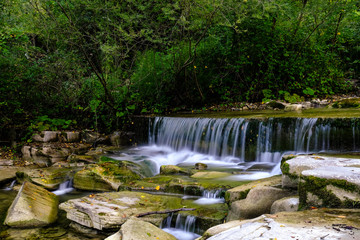 Fototapeta na wymiar Silk effect on water of Rabbi river in Premilcuore. Emilia-romagna tourism. Parco delle foreste casentinesi