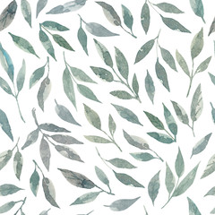 Seamless pattern with watercolor green leaves. Hand drawn illustration. Isolated on white background