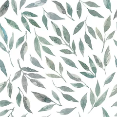 Behang Aquarel bladerprint Naadloze patroon met aquarel groene bladeren. Hand getekende illustratie. Geïsoleerd op witte achtergrond