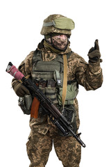 Ukraine officer in mechanized infantry uniform isolated with clipping path on white background. (Flag and arms of Ukraine on the shoulder. Patch on the chest with the inscription Ukraine in Ukrainian)