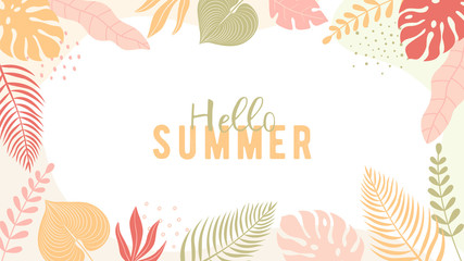 Trendy summer banner in simple flat style with copy space for text. Background with colorful plants and leaves. Vector design for greeting cards, posters, banners and placards.