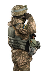 Ukraine officer in mechanized infantry uniform isolated with clipping path on white background. (Flag and arms of Ukraine on the shoulder. Patch on the chest with the inscription Ukraine in Ukrainian)