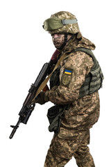 Ukraine officer in mechanized infantry uniform isolated with clipping path on white background. (Flag and arms of Ukraine on the shoulder. Patch on the chest with the inscription Ukraine in Ukrainian)