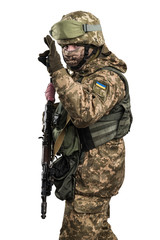 Ukraine officer in mechanized infantry uniform isolated with clipping path on white background. (Flag and arms of Ukraine on the shoulder. Patch on the chest with the inscription Ukraine in Ukrainian)