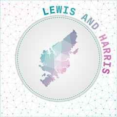 Vector polygonal Lewis and Harris map. Map of the island with network mesh background. Lewis and Harris illustration in technology, internet, network, telecommunication concept style.