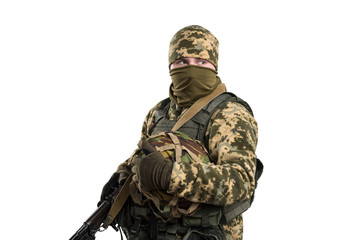 Ukraine officer in mechanized infantry uniform isolated with clipping path on white background. (Flag and arms of Ukraine on the shoulder. Patch on the chest with the inscription Ukraine in Ukrainian)