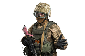 Ukraine officer in mechanized infantry uniform isolated with clipping path on white background. (Flag and arms of Ukraine on the shoulder. Patch on the chest with the inscription Ukraine in Ukrainian)