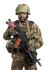 Ukraine officer in mechanized infantry uniform isolated with clipping path on white background. (Flag and arms of Ukraine on the shoulder. Patch on the chest with the inscription Ukraine in Ukrainian)