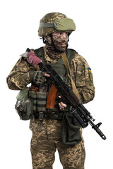 Ukraine officer in mechanized infantry uniform isolated with clipping path on white background. (Flag and arms of Ukraine on the shoulder. Patch on the chest with the inscription Ukraine in Ukrainian)