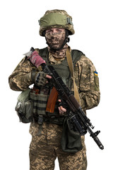 Fototapeta premium Ukraine officer in mechanized infantry uniform isolated with clipping path on white background. (Flag and arms of Ukraine on the shoulder. Patch on the chest with the inscription Ukraine in Ukrainian)
