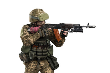 Ukraine officer in mechanized infantry uniform isolated with clipping path on white background....