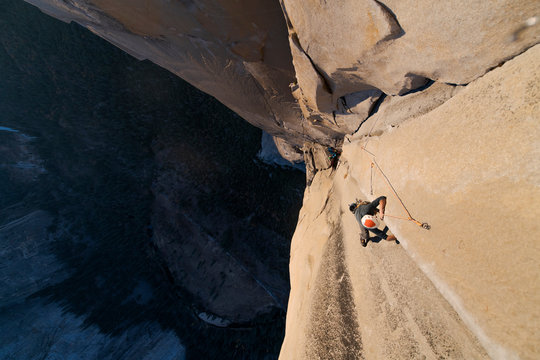 Rock climber crack climbing on the Nose, El Capitan in Yosemite