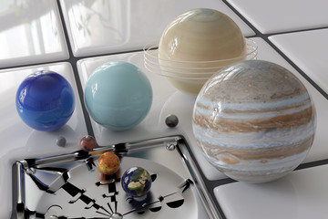 Humanity losing its marbles concept. Planets rolling down a drain. 3D Illustration