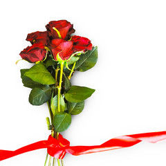 Huge bouquet of beautiful red roses on white background with red ribbon for mockups, templates, flyers, posters