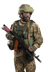 Fototapeta premium Ukraine officer in mechanized infantry uniform isolated with clipping path on white background. (Flag and arms of Ukraine on the shoulder. Patch on the chest with the inscription Ukraine in Ukrainian)