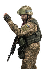 Ukraine officer in mechanized infantry uniform isolated with clipping path on white background. (Flag and arms of Ukraine on the shoulder. Patch on the chest with the inscription Ukraine in Ukrainian)