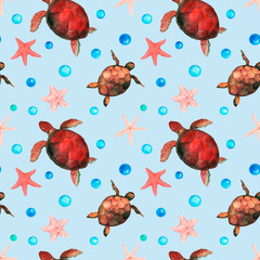 Obraz na płótnie Canvas Seamless nautical pattern with watercolor elements in the form of starfish, turtles and water bubbles on a blue background. Perfect for scrapbooking, summer and sea backgrounds.