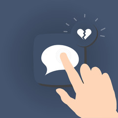 The hand is pressing the messaging app that have broken heart notifications from her boyfriend/ his girlfriend. Online relationship. Concept of heartbroken. Break up.
